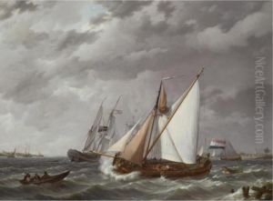 Sailing Boats On A Choppy Sea by Johannes Hermanus Koekkoek Snr