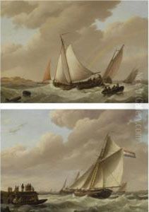 Sailing Ships Approaching The Harbour; Sailing In Choppy Waters (a Pair) by Johannes Hermanus Koekkoek Snr