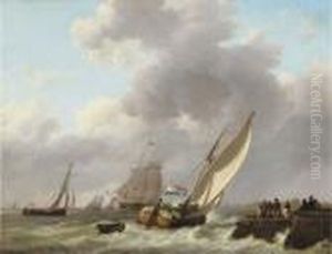 A Busy Day On The Water Near A Jetty by Johannes Hermanus Koekkoek Snr