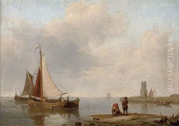 Barges In A Calm Off The Dutch Coast - view 1