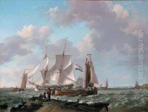Ships In A Squall With Figures On The Shore by Johannes Hermanus Koekkoek Snr
