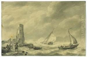 Shipping In A Strong Wind, With A Ruined Churchtower On Theshore by Johannes Hermanus Koekkoek Snr