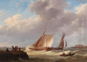 Fishermen On A Jetty Overlooking A River Estuary, A Castlebeyond