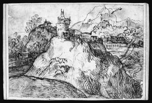 An extensive landscape with a town on a hill by Domenico Campagnola