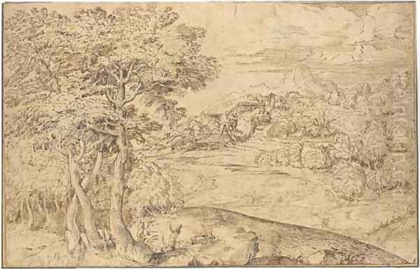 An extensive landscape with shepherds and their flocks below a town - view 1