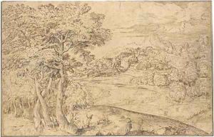 An extensive landscape with shepherds and their flocks below a town by Domenico Campagnola