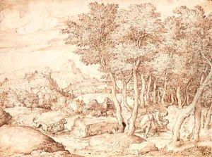 An extensive mountainous landscape with Cephalus and Procris by Domenico Campagnola