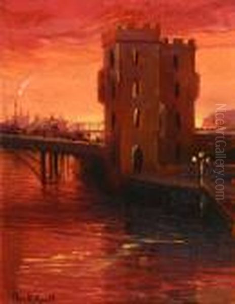 Bridge With Crenellated Tower At Sunset - view 1