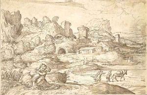 An extensive landscape with a fortified town, a mother and child in the foreground by Domenico Campagnola