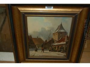 Dutch Winter Scene With Figures And Buildings by Willem Koekkoek