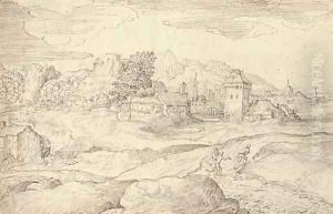 An extensive landscape with a watermill and figures on a road, a town beyond by Domenico Campagnola