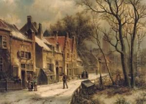 Villagers In A Snow-covered Dutch Town by Willem Koekkoek