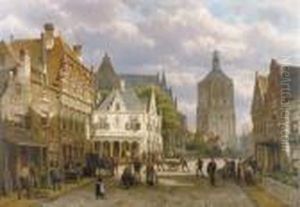 A Capriccio View Of A Sunlit Town Square With Numerousfigures