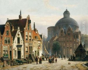 A Street Scene In Amsterdam, The Lutherse Kerk In The Background