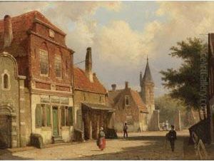 Villagers In The Streets Of A Sunlit Dutch Town by Willem Koekkoek