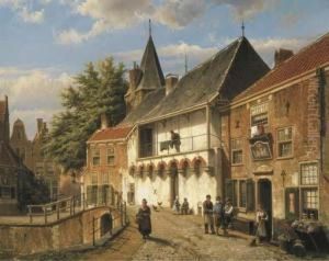 Dutch Street With Figures By An Inn By A Bridge by Willem Koekkoek