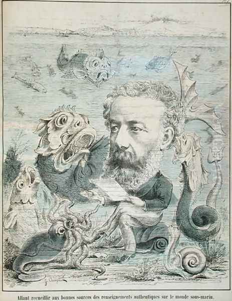 Jules Verne (1828-1905) studying life at the bottom of the sea, caricature from 'L'Algerie Comique et Pittoresque' magazine , Oran 1883 - view 1