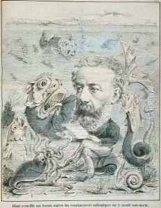 Jules Verne (1828-1905) studying life at the bottom of the sea, caricature from 'L'Algerie Comique et Pittoresque' magazine , Oran 1883 by J. Chape