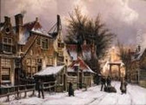 A Townview With Figures On A Snow Covered Street