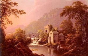 River Landscape With Bridge And Distant Mountains by George Cuitt