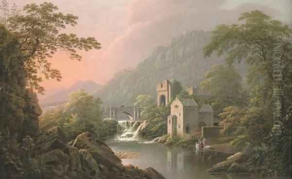 A river landscape, probably the banks of the River Swale, North Yorkshire, with a castle by a weir and washerwomen by a boat house - view 1