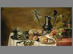 Stilleben Mit Krabbe, Zinnkanne Und Fruchten Infayenceplatte by Roloef Koets