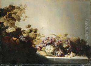 Grapes On A Stone Ledge With Citrus Fruits In A Basket by Roloef Koets