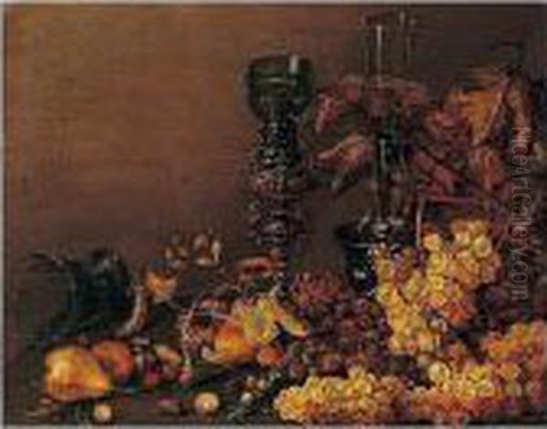 Still Life Of Red And White 
Grapes, Pears, Cherries, Hazelnuts And Peas, Together With A 
Facon-de-venise Wine Glass, An Upturned Roemer And A Roemer On An 
Elaborate Gilt Stand - view 1