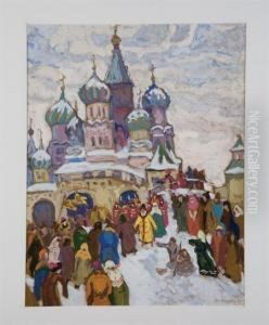 Winter Scene With Figures Before A Cathedral by Moissey Kogan