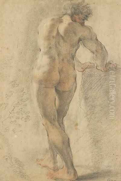 A standing nude, seen from behind, leaning on a block - view 1