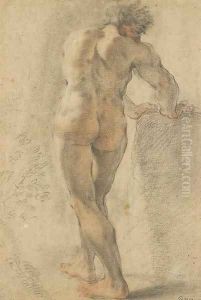 A standing nude, seen from behind, leaning on a block by Domenico Maria Canuti