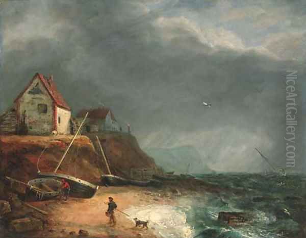 Fisherfolk on the beach before an approaching storm - view 1