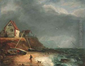 Fisherfolk on the beach before an approaching storm by Charles, I Catton