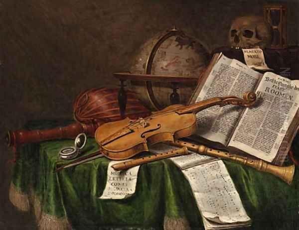 Vanitas still lifewith an astrological globe, a violin, a skull, an hourglass, an open book, a score, a watch, a lute and other musical instruments - view 1