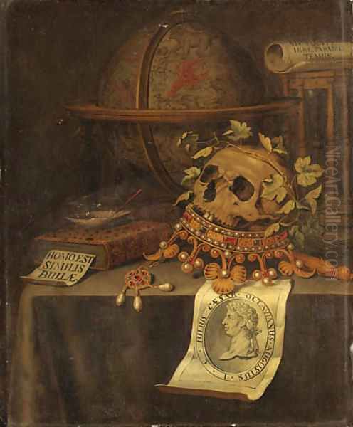 A Vanitas Still Life with a Skull in a jewelled Crown, an astrological Globe, an Hourglass, a Book - view 1