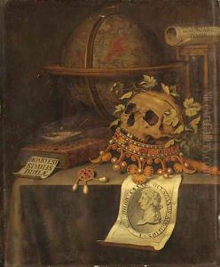 A Vanitas Still Life with a Skull in a jewelled Crown, an astrological Globe, an Hourglass, a Book by Edwaert Collier