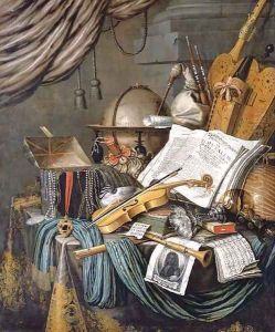 A vanitas still life of a globe, a casket of jewels and medallions, books, a hurdy-gurdy, a bagpipe, a lute, a violin, a silver tazza, a roemer