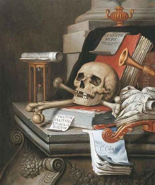 A vanitas still life with an hour glass, a skull and crossbones, a scroll, two books, music scores, a flute, a violin, a sheet of paper - view 1