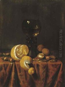 A 'Roemer' of white wine, a partially peeled lemon, walnuts and hazelnuts, all on a draped table by Edwaert Collier