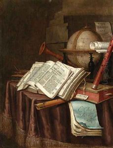 A Vanitas still life with a globe, musical instruments, a score and an emblem book on a draped table before a column