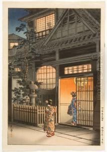 Depicting A Tea House At Night With Figures.