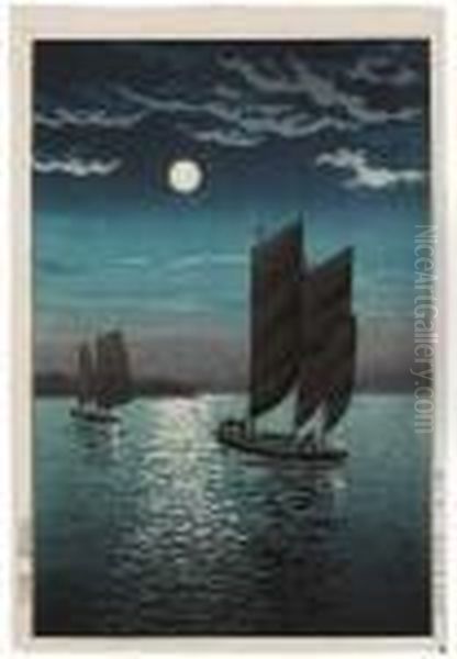 Segelboote Fahren Bei Nacht. Der
Vollmond Am Himmel. Bez.: Koitsu. Siegel: Shin. Verlag: Doi.
Plattenschneider: Harada. Drucker: Ito. Datum: Showa 10 - view 1