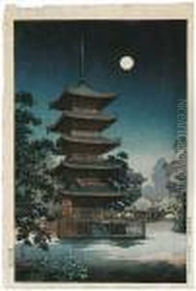 Auf Die Pagode Des
Kinryuzan-tempels In Einer Vollmondnacht. Im Hintergrund Schattenhaft
Die Grose Tempelglocke. Bez.: Koitsu. Siegel: Shin. Verlag: Hangen
Tokyodo. Datum: Showa 13 - view 1