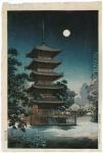 Auf Die Pagode Des
Kinryuzan-tempels In Einer Vollmondnacht. Im Hintergrund Schattenhaft
Die Grose Tempelglocke. Bez.: Koitsu. Siegel: Shin. Verlag: Hangen
Tokyodo. Datum: Showa 13 by Tsuchiya Koitsu