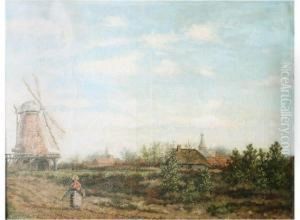 Village View With Women Near A Windmill by Henri Kokken