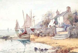Figures and Fishing Vessels in a Harbour thought to be Anglesey