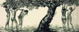 Funf Madchenakte Unter Einem Apfelbaum, Nach Dessen Fruchten Greifend by Alois Kolb