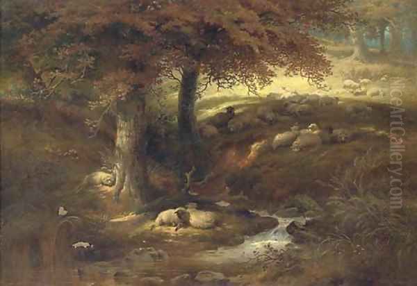 Landscape with sheep by a stream - view 1