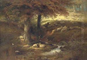 Landscape with sheep by a stream by Thomas George Cooper