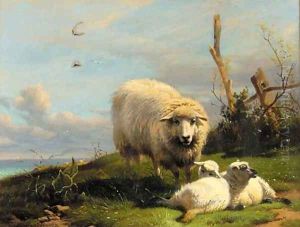 A ewe with lambs in a coastal landscape by Thomas George Cooper